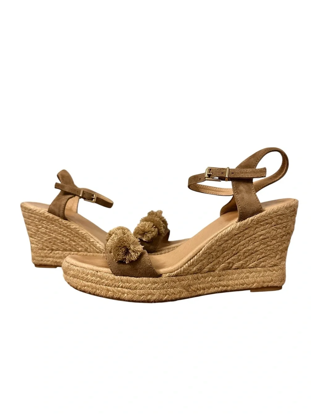 Saks Fifth Avenue Women’s Tan Suede Pom Pom Espadrille Wedges Resort Size 9